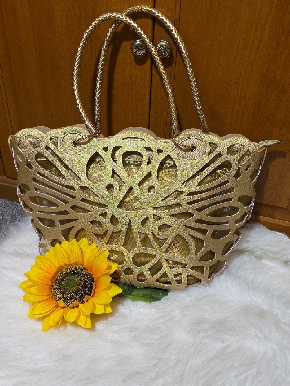 Mellow World Gold Laser-Cut Tote with Braided Handles